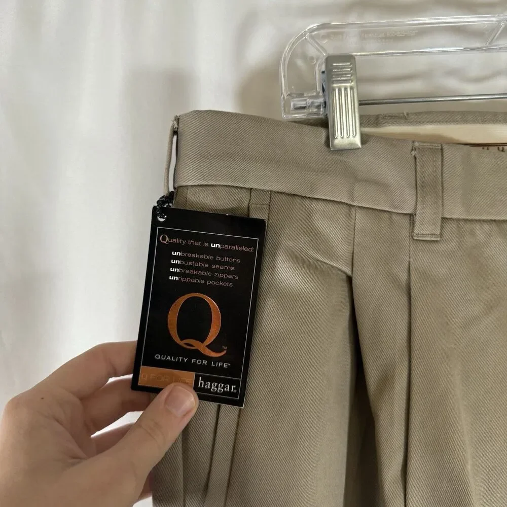 New Haggar Pleated Cuff Men's 36x34 Khaki Long Stable Combed Cotton No Iron